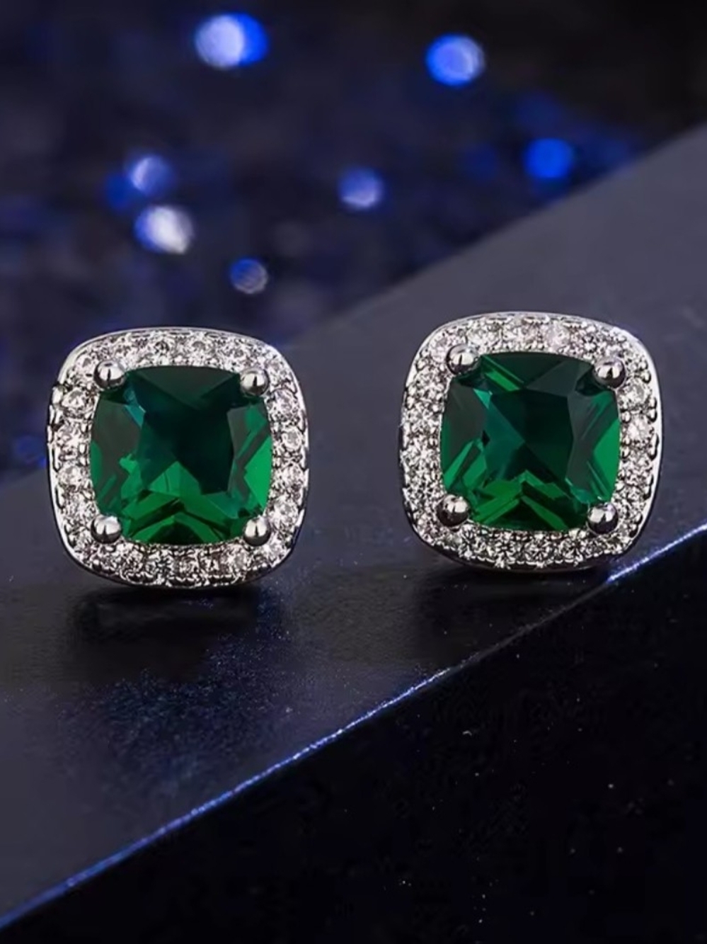 White Rhodium Emerald Green Tourmaline Halo Stud Earrings